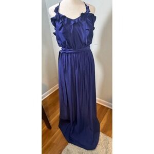 Rebecca Taylor Ruffle Halter Maxi Dress Size 2 Cobalt Blue Tie Waist Keyhole